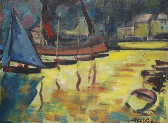 Archibald Peddie, oil on board, Harbour, Rothbury, signed and dated 1956, 35 x 48cm